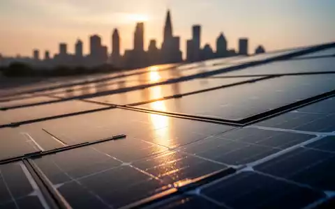 Nahaufnahme von Solarmodulen, die das goldene Licht der untergehenden Sonne reflektieren, mit einer verschwommenen Stadtsilhouette im Hintergrund. - Foto: über boerse-global.de