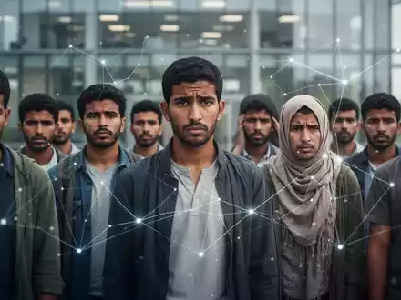 Eine Gruppe von Geflüchteten vor einem verschwommenen Bürogebäude, umgeben von abstrakten Netzwerklinien, die Herausforderungen darstellen. - Foto: über boerse-global.de