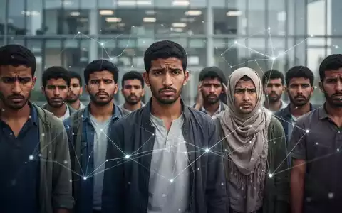 Eine Gruppe von Geflüchteten vor einem verschwommenen Bürogebäude, umgeben von abstrakten Netzwerklinien, die Herausforderungen darstellen. - Foto: über boerse-global.de