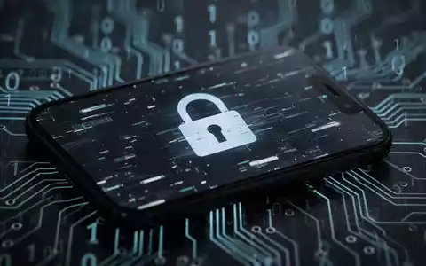 Ein Smartphone-Bildschirm mit digitalem Vorhängeschloss und glitchartigen Grafiken, dahinter verschwommene Leiterbahnlinien, symbolisiert mobile Sicherheit. - Foto: über boerse-global.de