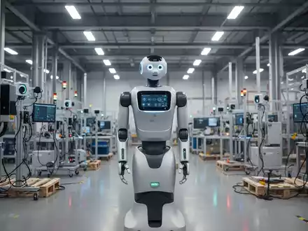 Ein humanoider Roboter steht in einer hell erleuchteten Industrie-Trainingsanlage, symbolisiert die 'Roboterschulen' für reale Fähigkeiten. - Foto: über boerse-global.de