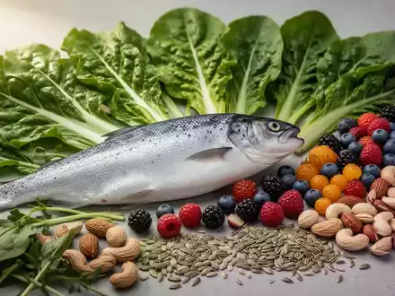 Eine Nahaufnahme einer gesunden Mahlzeit mit Fisch, grünem Blattgemüse, Beeren, Nüssen und Samen, die Entzündungen reduzieren soll. - Foto: über boerse-global.de