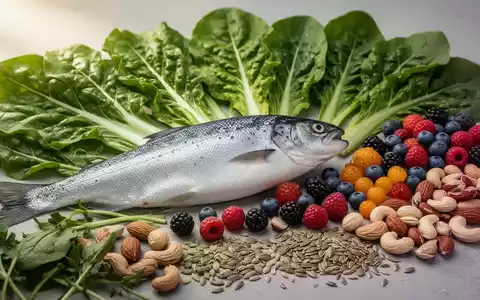 Eine Nahaufnahme einer gesunden Mahlzeit mit Fisch, grünem Blattgemüse, Beeren, Nüssen und Samen, die Entzündungen reduzieren soll. - Foto: über boerse-global.de