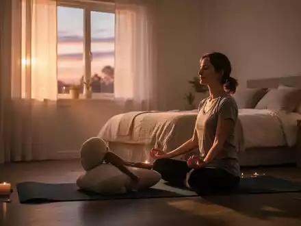 Eine Person meditiert auf einer Yogamatte in einem ruhigen Schlafzimmer bei Sonnenuntergang, mit weichem, warmem Licht, das durch das Fenster fällt. - Foto: über boerse-global.de