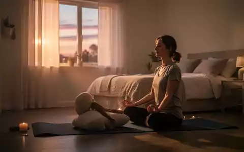 Eine Person meditiert auf einer Yogamatte in einem ruhigen Schlafzimmer bei Sonnenuntergang, mit weichem, warmem Licht, das durch das Fenster fällt. - Foto: über boerse-global.de