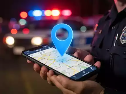 Ein leuchtender blauer GPS-Pin auf einem Smartphone-Bildschirm, gehalten von einer Person in Polizeiuniform, mit Notlichtern im Hintergrund. - Foto: über boerse-global.de