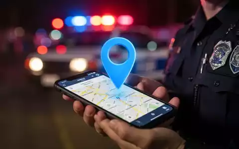 Ein leuchtender blauer GPS-Pin auf einem Smartphone-Bildschirm, gehalten von einer Person in Polizeiuniform, mit Notlichtern im Hintergrund. - Foto: über boerse-global.de