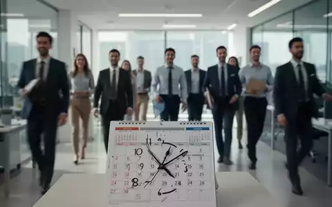 Eine Gruppe von Büroangestellten bewegt sich durch ein modernes Büro, mit einem Kalender im Vordergrund, der den Zeitverlauf andeutet. - Foto: über boerse-global.de