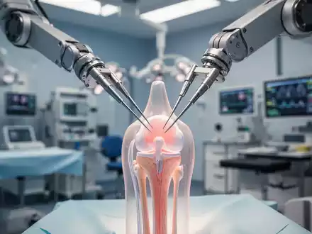 Ein Roboterarm mit chirurgischen Instrumenten über einem Kniemodell in einem Operationssaal, der Präzision und Technologie darstellt. - Foto: über boerse-global.de