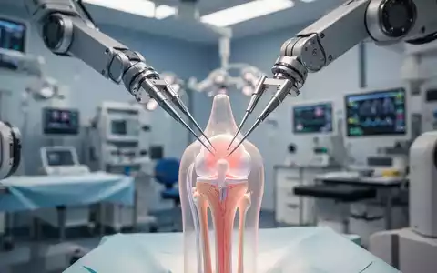 Ein Roboterarm mit chirurgischen Instrumenten über einem Kniemodell in einem Operationssaal, der Präzision und Technologie darstellt. - Foto: über boerse-global.de