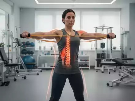 Eine Person führt eine Haltungsübung mit einem Widerstandsband in einem modernen Fitnessstudio durch, um die Wirbelsäule auszurichten. - Foto: über boerse-global.de