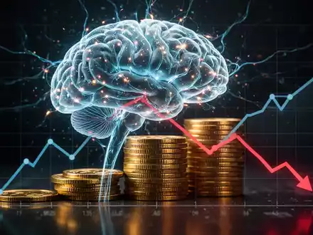 Leuchtendes digitales Gehirn auf Goldmünzen-Stapel, fallender Finanzchart im Hintergrund, symbolisiert KI-Investitionsrisiken. - Foto: über boerse-global.de
