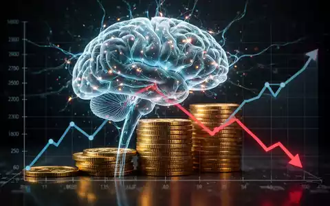 Leuchtendes digitales Gehirn auf Goldmünzen-Stapel, fallender Finanzchart im Hintergrund, symbolisiert KI-Investitionsrisiken. - Foto: über boerse-global.de