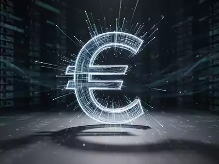 Ein stilisiertes, leuchtendes Euro-Symbol vor einem verschwommenen Hintergrund aus abstrakten Finanzdaten und Code, der digitale Steuern darstellt. - Foto: über boerse-global.de