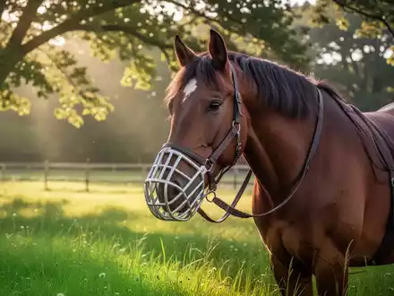 Ein Pferd mit Fressbremse auf einer grünen Weide im Sonnenlicht, ein Symbol für präventives Gesundheitsmanagement bei Pferden. - Foto: über boerse-global.de