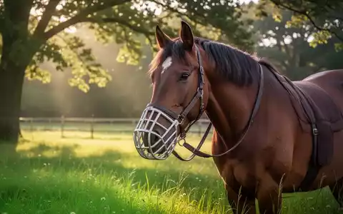 Ein Pferd mit Fressbremse auf einer grünen Weide im Sonnenlicht, ein Symbol für präventives Gesundheitsmanagement bei Pferden. - Foto: über boerse-global.de
