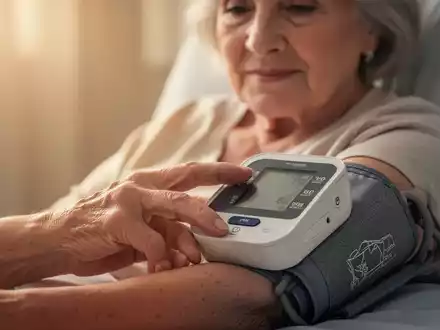 Nahaufnahme der Hand einer Frau über 50, die eine Blutdruckmanschette hält, mit unscharfem Hintergrund, der Gesundheit und Management symbolisiert. - Foto: über boerse-global.de