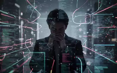 Eine Person sitzt vor einem stark fragmentierten und verschwommenen digitalen Bildschirm, umgeben von leuchtenden Datenströmen und abstrakten Linien, die digitale Ablenkung symbolisieren. - Foto: über boerse-global.de