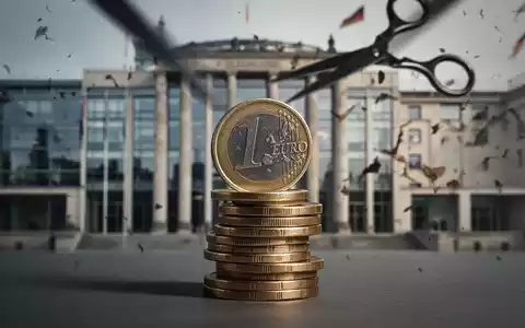 Ein Stapel deutscher Euro-Münzen, die unsicher balancieren, mit dem Schatten einer Schere darüber. Im Hintergrund ein unscharfes Regierungsgebäude. - Foto: über boerse-global.de