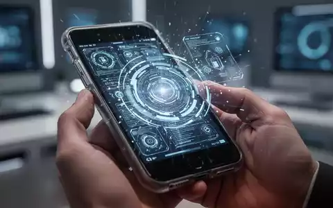Nahaufnahme eines älteren iPhones mit futuristischem, leuchtendem Interface in Händen, symbolisiert verlängerte Gerätelebensdauer. - Foto: über boerse-global.de