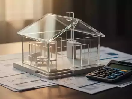 Ein stilisiertes Glashausmodell mit Finanzdokumenten und einem Taschenrechner, das Immobilienübertragung und Steueroptimierung symbolisiert. - Foto: über boerse-global.de