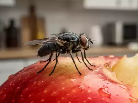 Eine Fruchtfliege sitzt auf einem Stück Obst, mit unscharfem Küchenhintergrund. Symbolisiert Haushaltsschädlinge. - Foto: über boerse-global.de