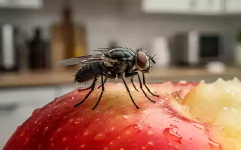 Eine Fruchtfliege sitzt auf einem Stück Obst, mit unscharfem Küchenhintergrund. Symbolisiert Haushaltsschädlinge. - Foto: über boerse-global.de