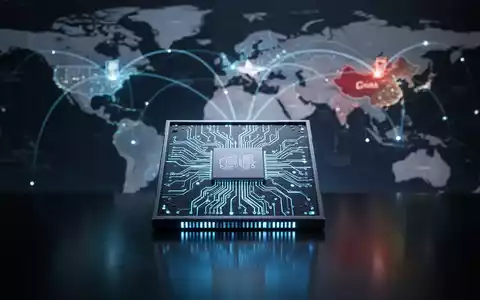 Leuchtender, futuristischer KI-Chip mit blauen Schaltkreisen auf dunkler Oberfläche, im Hintergrund unscharfe Weltkarte mit Verbindungen zwischen USA und China. - Foto: über boerse-global.de