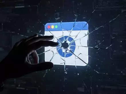 Eine Hand greift nach einem leuchtenden, fragmentierten Browser-Erweiterungssymbol auf einem dunklen digitalen Bildschirm, das eine Sicherheitslücke symbolisiert. - Foto: über boerse-global.de