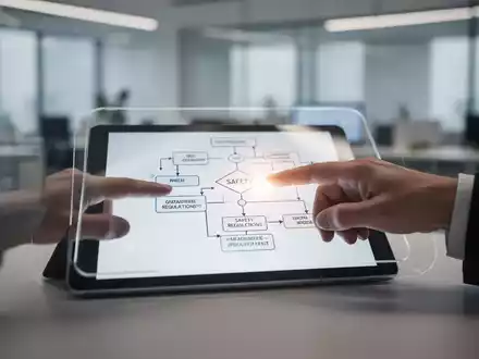 Eine Hand zeigt auf ein Tablet, das eine vereinfachte Grafik zu Sicherheitsvorschriften in einem modernen Büroumfeld anzeigt. - Foto: über boerse-global.de