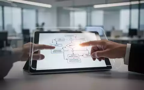 Eine Hand zeigt auf ein Tablet, das eine vereinfachte Grafik zu Sicherheitsvorschriften in einem modernen Büroumfeld anzeigt. - Foto: über boerse-global.de