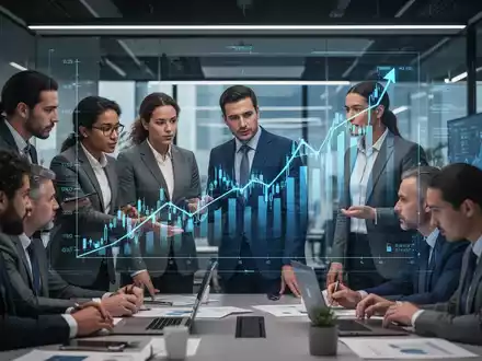 Geschäftsleute in einem modernen Büro, die auf eine digitale Börsenkarte blicken, die Aufwärtstrends zeigt. - Foto: über boerse-global.de