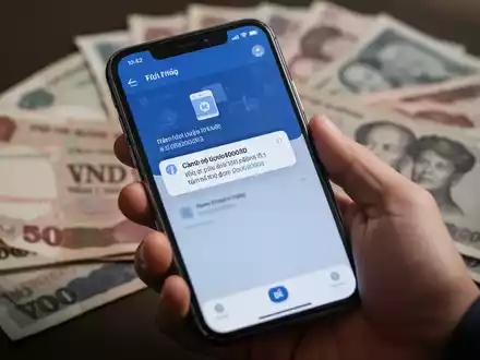 Eine Hand hält ein Smartphone, das eine Benachrichtigung einer Banking-App anzeigt, mit unscharfen vietnamesischen Banknoten im Hintergrund. - Foto: über boerse-global.de