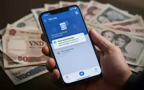 Eine Hand hält ein Smartphone, das eine Benachrichtigung einer Banking-App anzeigt, mit unscharfen vietnamesischen Banknoten im Hintergrund. - Foto: über boerse-global.de