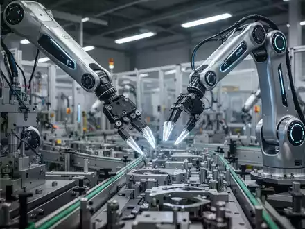 Ein hochentwickelter Roboterarm mit feinen Greifern manipuliert präzise Bauteile an einer automatisierten Montagelinie in einer futuristischen Fabrik. - Foto: über boerse-global.de