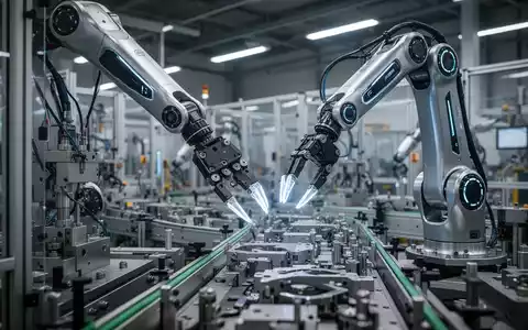 Ein hochentwickelter Roboterarm mit feinen Greifern manipuliert präzise Bauteile an einer automatisierten Montagelinie in einer futuristischen Fabrik. - Foto: über boerse-global.de