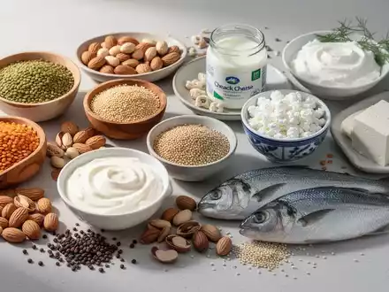 Eine Auswahl an proteinreichen Lebensmitteln, darunter Linsen, Quinoa, Nüsse, Tofu, griechischer Joghurt und Fisch, auf einer Oberfläche arrangiert. - Foto: über boerse-global.de