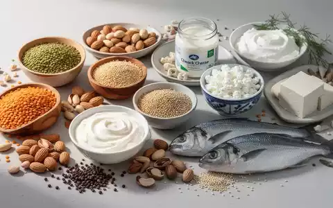 Eine Auswahl an proteinreichen Lebensmitteln, darunter Linsen, Quinoa, Nüsse, Tofu, griechischer Joghurt und Fisch, auf einer Oberfläche arrangiert. - Foto: über boerse-global.de