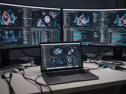 Ein MacBook Pro, verbunden mit mehreren externen Monitoren, zeigt ein anspruchsvolles Multi-Display-Setup mit Docks und Kabeln. - Foto: über boerse-global.de