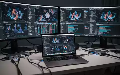 Ein MacBook Pro, verbunden mit mehreren externen Monitoren, zeigt ein anspruchsvolles Multi-Display-Setup mit Docks und Kabeln. - Foto: über boerse-global.de