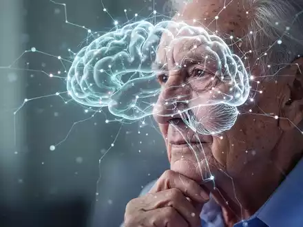 Eine stilisierte, leuchtende Darstellung eines Gehirns oder neuronalen Netzwerks über dem Profil einer nachdenklichen älteren Person. - Foto: über boerse-global.de