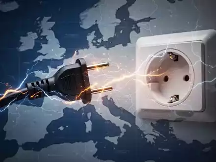 Ein stilisiertes Stromkabel, das in eine Steckdose gesteckt wird, mit leuchtenden Energielinien und einer abstrakten Europakarte im Hintergrund. - Foto: über boerse-global.de