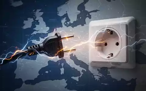 Ein stilisiertes Stromkabel, das in eine Steckdose gesteckt wird, mit leuchtenden Energielinien und einer abstrakten Europakarte im Hintergrund. - Foto: über boerse-global.de