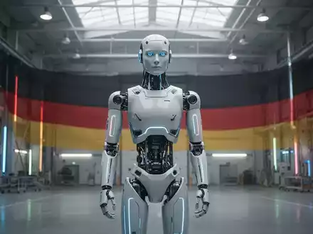 Fortschrittlicher humanoider Roboter mit leuchtenden Linien in einer modernen Industriehalle, Symbol für KI- und Robotikentwicklung. - Foto: über boerse-global.de