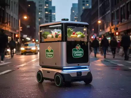Ein eleganter, moderner Lieferroboter fährt in der Dämmerung über eine belebte Stadtstraße und transportiert Lebensmittel einer Einzelhandelskette. - Foto: über boerse-global.de