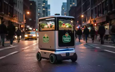 Ein eleganter, moderner Lieferroboter fährt in der Dämmerung über eine belebte Stadtstraße und transportiert Lebensmittel einer Einzelhandelskette. - Foto: über boerse-global.de