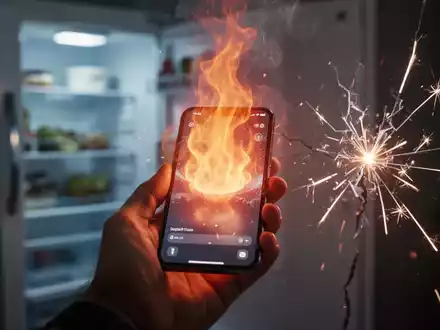 Ein überhitztes Smartphone in einer Hand, mit einem Hitzeflimmern, das vom Bildschirm aufsteigt, und einem Kühlschrank im Hintergrund. - Foto: über boerse-global.de