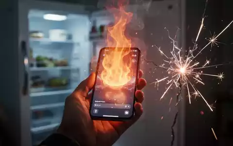 Ein überhitztes Smartphone in einer Hand, mit einem Hitzeflimmern, das vom Bildschirm aufsteigt, und einem Kühlschrank im Hintergrund. - Foto: über boerse-global.de