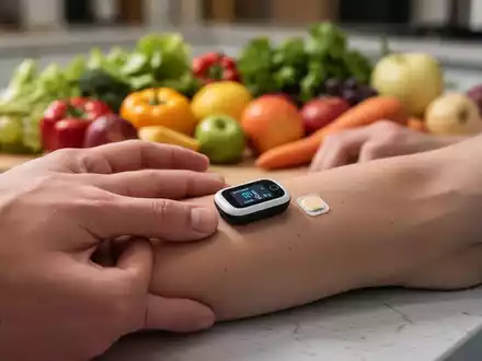 Eine Hand hält einen modernen Glukosemonitor-Sensor am Arm, im Hintergrund verschwommenes, gesundes Essen. - Foto: über boerse-global.de