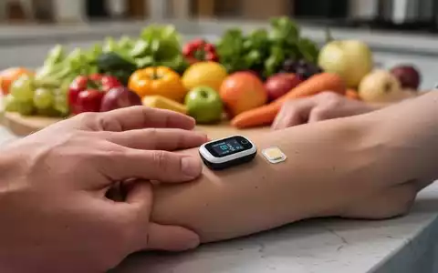 Eine Hand hält einen modernen Glukosemonitor-Sensor am Arm, im Hintergrund verschwommenes, gesundes Essen. - Foto: über boerse-global.de